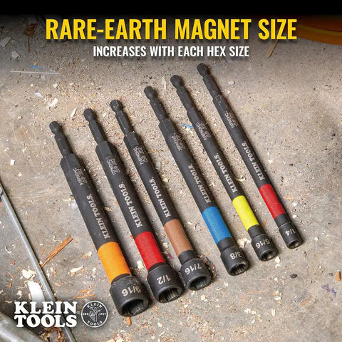 Six Piece SAE Magnetic Impact Nut Setter Set With Color Coded Power Nut Drivers And Extended Reach For Heavy Duty Fastening Includes 1/4 5/16 3/8 7/16 1/2 9/16 Inch Sizes Rare Earth Magnets For One Hand Driving Klein Tools 32930 displayed on a workshop surface.