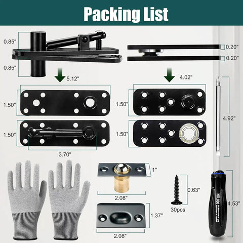 Packing list for Heavy Duty Hidden Door Pivot Hinge For 360 Degree Rotation, 573 Lb Load Bearing, Stainless Steel Concealed Door Hardware By Tuykay