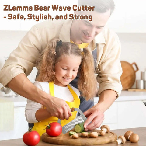 Child using Bear Shaped Wave Cutter For Kids By ZLemma, With Safe Rounded Tip, Kid Friendly Crinkle Knife For Veggies And Fruits