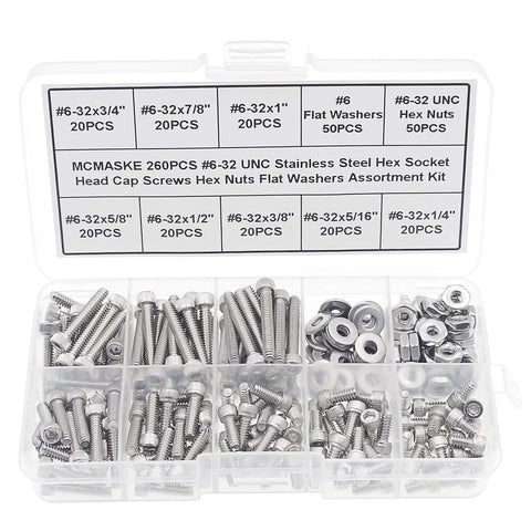 Box containing 260-Piece 6-32 UNC Stainless Steel Socket Head Cap Screw Kit with Hex Nuts and Flat Washers, Full Thread, Coarse Thread