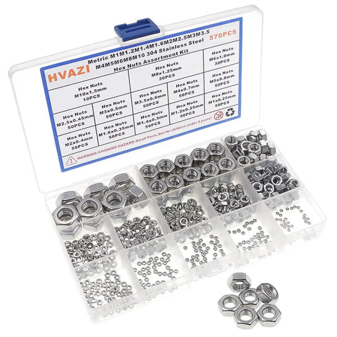 570 Piece Metric Hex Nut Set M1 To M10 Assortment Kit Coarse Thread 304 Stainless Steel in compartment case