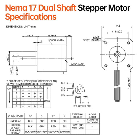 Diagram showing Dual Shaft Nema 17 Stepper Motor High Torque For 3D Printer DIY CNC Robot Machine specs