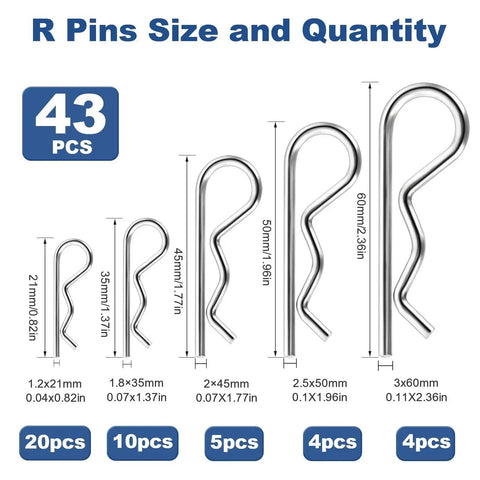 R pins from 86 Piece Cotter Pin And R Clip Kit In Stainless Steel With 10 Sizes For Heavy Duty Hitch Pin Lock Systems