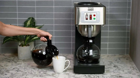12 Cup Commercial Coffee Maker Stainless Steel Dual Brew Machine For Office And Restaurant with person pouring coffee