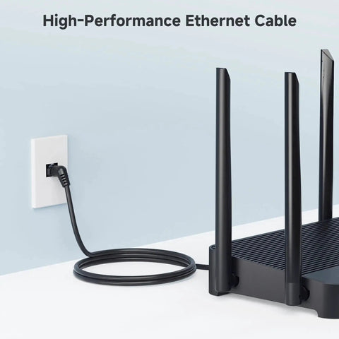 2-Pack 10Gbps Cat6 Ethernet Patch Cable Right Angle With 360-Degree Rotatable Connectors plugged into router and wall socket