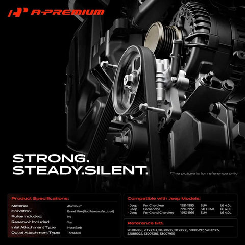 Power Steering Pump With Reservoir For Jeep Grand Cherokee 1993 1995 Cherokee 1991 1995 Comanche 1991 1992 4.0L Gas Replacement Hydraulic Pump Direct Fit Premium Quality, shown from side angle with details on specifications for Jeep vehicles.
