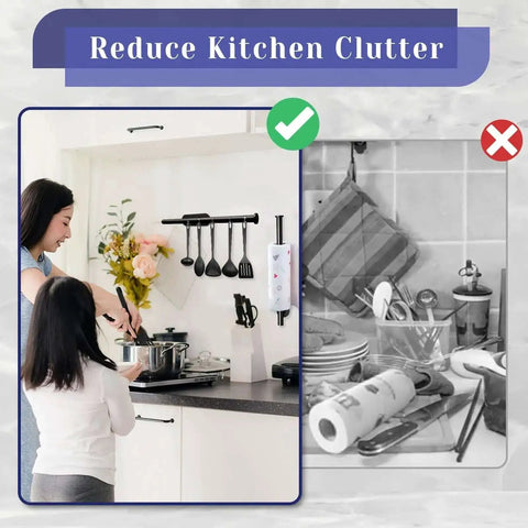Mother and child in kitchen with Under Cabinet Paper Towel Holder With Self Adhesive Or Drilling Mount Stainless Steel Black Wall Mounted Organizer.