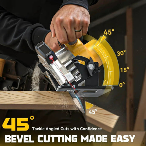 Cordless Circular Saw Seven And A Quarter Inch With Laser Guide, Brushless Motor, Five Thousand RPM, Bare Tool in use at 45° bevel