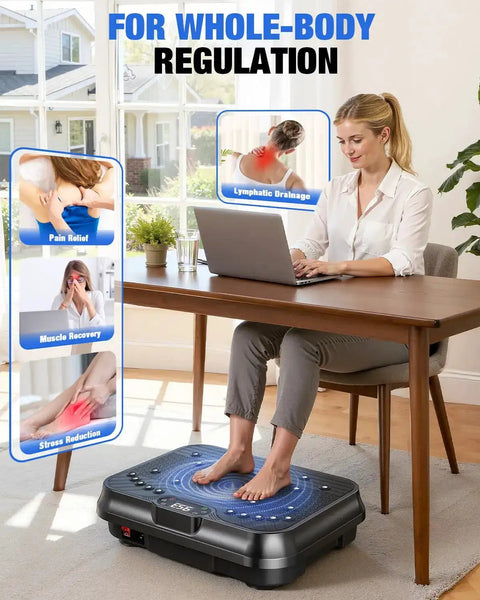 Woman using vibration plate exercise machine for weight loss with 250 speed platform remote and resistance bands under desk