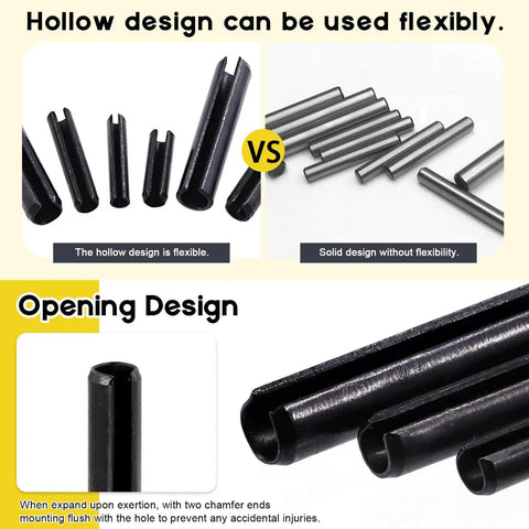 Roll Pin Assortment Kit 416 Pcs 13 Sizes From M1.5 To M6 Slotted Spring Steel Pins Showing Hollow vs Solid Design