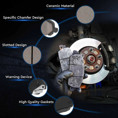Installed view of front ceramic brake pads with hardware; 4-piece set beside brake rotor