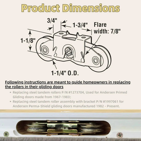 Diagram of 2 Pack Gliding Patio Door Tandem Roller Assembly with labeled dimensions and installation guide