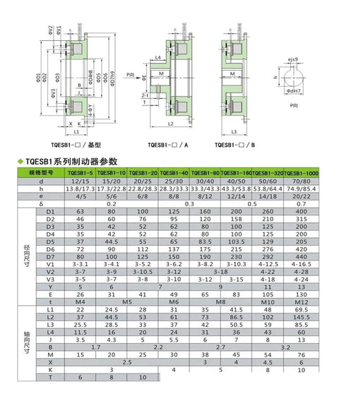 Single-disc electromagnetic brake, green housing, shaft 60 mm, model TQESB1-320A