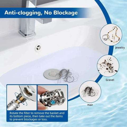 Upgraded 3 In 1 Bathroom Sink Drain Strainer With Pop Up Stopper Chrome Finish filtering hair, jewelry, and gravel