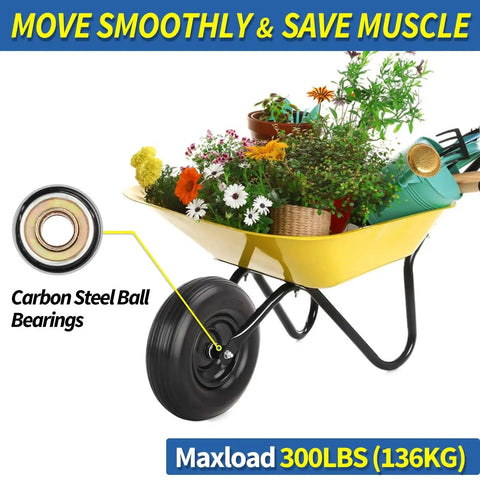 13.5 Inch Solid Flat Free Wheelbarrow Tire in use on wheelbarrow loaded with plants, showing 4.00-6 tire with carbon steel ball bearings