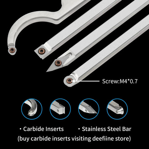 Close-up of Pro Grade Carbide Tip Wood Lathe Turning Tool Kit with interchangeable aluminum alloy handle and diamond carbide inserts
