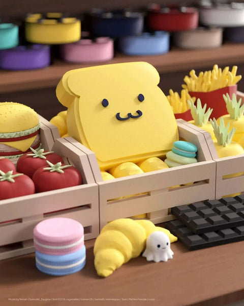Colorful display of cute food-shaped toys, featuring a yellow toast character, bright vegetables, fries, and a croissant.