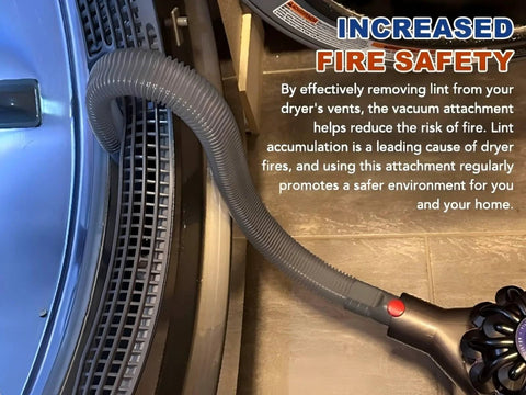 Sealegend dryer vent cleaner kit with gray flexible hose attached to a cordless Dyson vacuum near a dryer vent