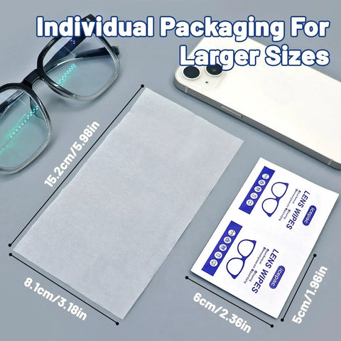Lens Wipes for Eyeglasses Pre-Moistened 500 Count Streak-Free Cleaner, individual packaging size comparison with glasses and phone