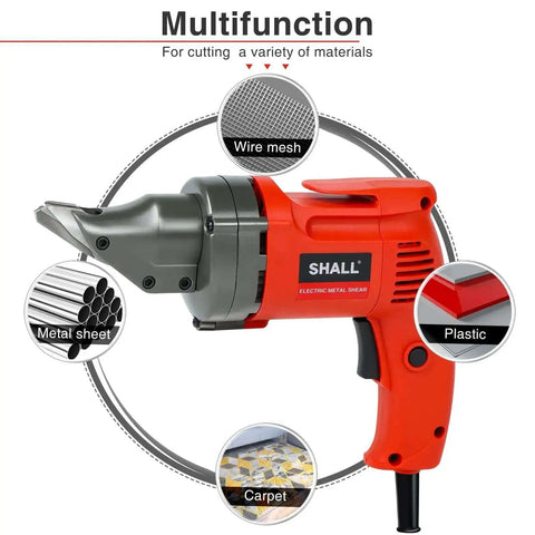 Electric Metal Cutting Shear For 14 Gauge Steel And 16 Gauge Stainless, 4.0 Amp Corded Cutter shown with multifunction uses