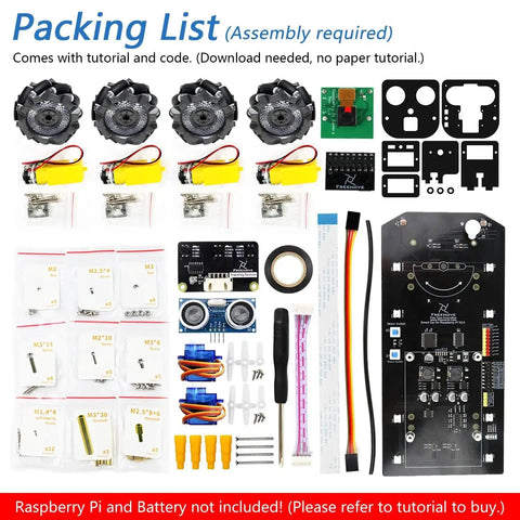 Mecanum Wheel Robotic Car Kit For Raspberry Pi 5, 4B, 3B Plus, And Zero 2 W components spread out before assembly