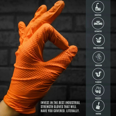 Industrial Nitrile Gloves 8 Mil Heavy Duty Diamond Texture Orange Size Large, showing textured grip on a hand.