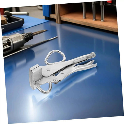 Beefy Heavy Duty Locking Sheet Metal Pliers with wide duckbill jaw on an automotive workshop table.