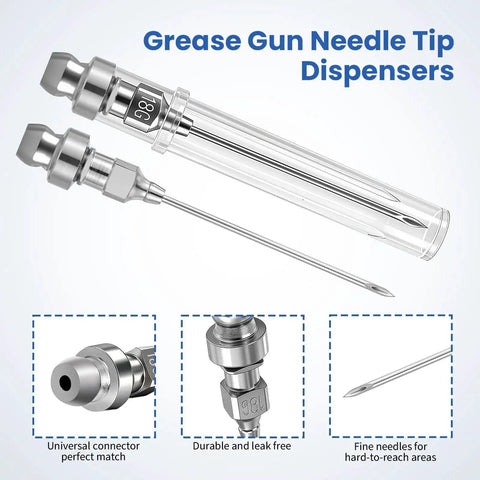 7 Piece Grease Gun Needle Tips Accessories Kit Set With Straight And Curved Nozzles Rubber Joint Detachable Injector Coupler Elbow Fittings 2 Heavy Duty Dispensers Great For Narrow Tight Small Confined Spaces displaying needle tip dispensers.