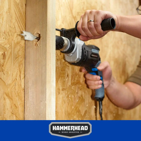 Powerful 7.5 Amp Variable Speed Hammer Drill With One Half Inch Keyless Chuck And 6 Bit Set From Hammerhead used on wood