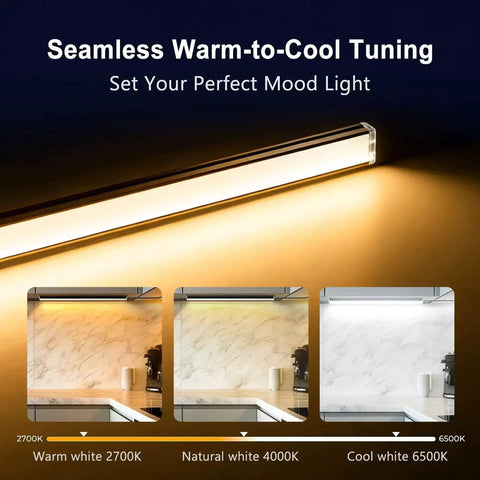 Six Pack Under Cabinet Lighting With Touch Control LED Light Bars in warm to cool tones from 2700K to 6500K displaying mood settings.