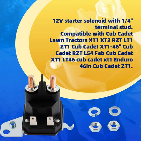12V starter solenoid with 1/4 in terminal studs; black housing with copper studs and mounting hardware.