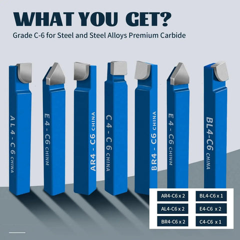 Ten Piece One Quarter Inch Carbide Lathe Cutter Tool Bits Set For Metal Shop Milling And Welding Projects, Includes AR4-C6 AL4-C6 BR4-C6 BL4-C6 C4-C6 E4-C6 Carbide Tips, Plus 45 Steel Tool Holders shown with blue carbide tips