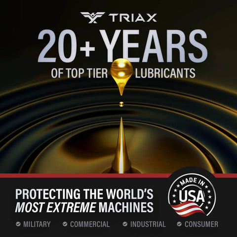 Triax brand advertisement featuring 20+ years of top tier lubricants with a focus on military, commercial, industrial, consumer uses.