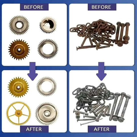 Before and after images showing the effects of using a High Frequency Vibration Tumbler Polisher For Jewelry, Stone And Metal Parts, 6.2L Drum, showing polished gears, bolts and chains.