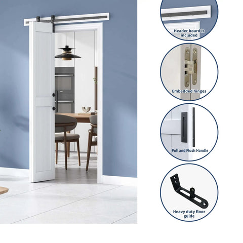 DIY Ready Space Saving Bi-Fold Barn Door Kit With Sliding Hardware installed in doorway, showing embedded hinges and pull handle.