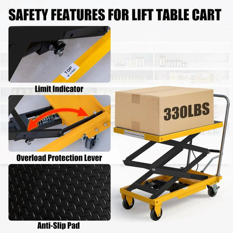 Hydraulic lift table cart with yellow steel frame, 330 lb capacity, four wheels, non-slip pad.