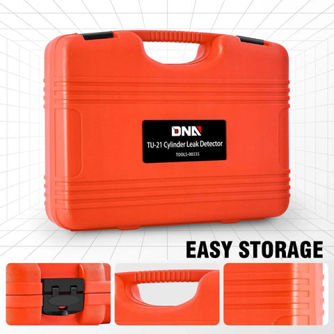 TU 21 Cylinder Leak Tester Kit With Double Gauge System For Petrol Engines Automotive Engine Pressure Gauges And Leakage Detector Tool Set For Compression Tests Compatible With 10 12 And 14mm Spark Plugs DNA Motoring in a red plastic storage case with handle and secure clasps