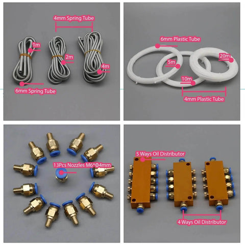 Components of 2L CNC Lubrication Pump Kit with 4mm and 6mm oil lines including tubes, nozzles, and oil distributors for CNC machine tools.
