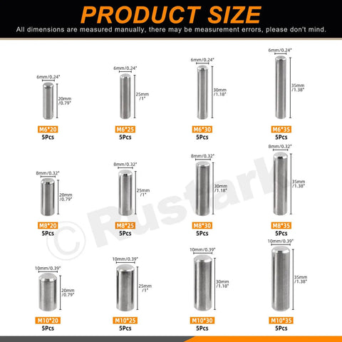 60 Pieces Stainless Steel Dowel Pin Kit With 12 Sizes M6 M8 M10 304 Grade Pins displayed with dimensions and piece count