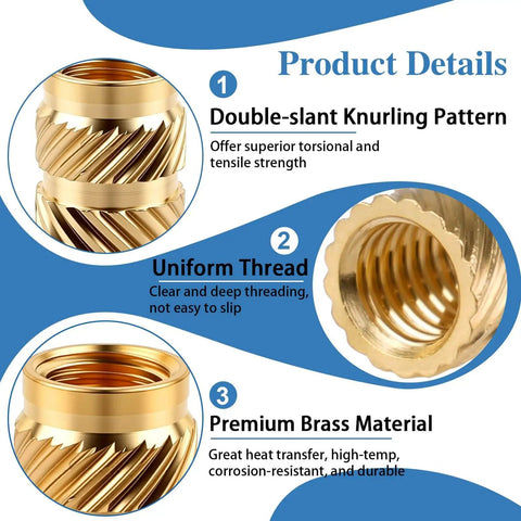 Close-up view of knurled double-slant pattern brass heat-set inserts from Must Have 420 Pcs Brass Heat Set Threaded Inserts Kit For Plastic M2 To M6 Knurled Nut Inserts Multi Size Assortment For 3D Printing DIY Projects Repairs And Workshop Use