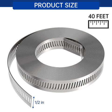Stainless steel hose clamp band, 1/2 in wide, 40 ft length, coiled with worm-gear design.