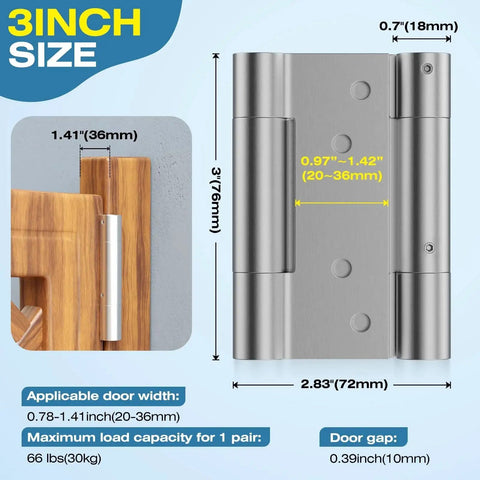 Heavy Duty 3 Inch Double Spring Hinge Set In 304 Stainless Steel With Integrated Tension Adjustment No Fixing Pin Needed For Doors 20 To 36mm Thick Ranbo Each Pair Supports Up To 25kg, shown in detailed diagram with measurements.