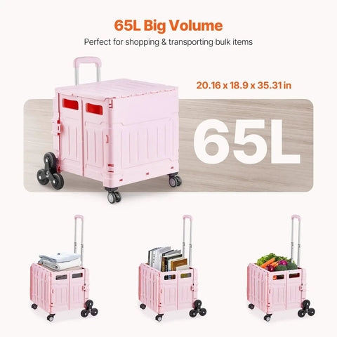Foldable Utility Cart 65L Portable Crate Rolling Cart With Stair Climbing Wheels And 360 Degree Swivel Wheels for versatile use
