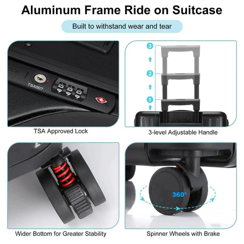 Close-up details of Kids Ride On Luggage With Built In Seat 20 Inch Aluminum Frame Travel Case With Spinner Wheels And Locks