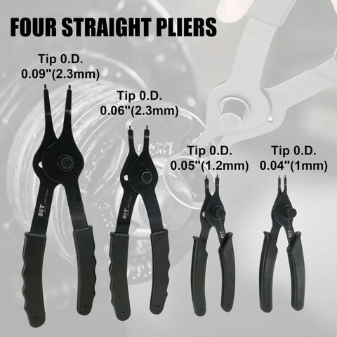 Heavy Duty Snap Ring Pliers Set Pro Grade With 10 Piece Internal And External Circlip Pliers Including Bent And Straight Tips Plus Hook And Pick Storage Case And Gloves For Easy Ring Removal, featuring four straight pliers with varying tip sizes.