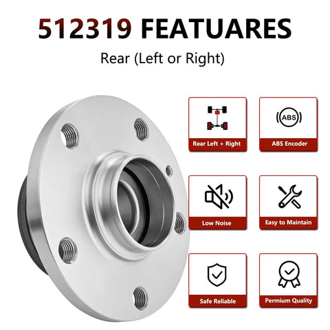 Rear Wheel Bearing And Hub Assembly Pair For 2005-2018 Volkswagen Jetta And VW Models Including Passat, CC, GTI, Golf. Visible with features.