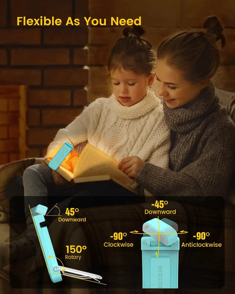 Mother and child reading with USB Rechargeable Clip On Reading Light With 5 Brightness Levels And Amber Colors attached to book.