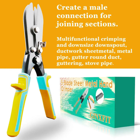 Five Blade Sheet Metal Hand Crimper For Downspouts Ductwork Venting And Stove Pipe Quick Crimp For 20 Gauge Steel And 28 Gauge Stainless Steel Multifunction Tool For HVAC Gutter Round Ductwork And Metal Pipe in packaging with visible tool.