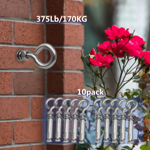 Mounted 5/16 Inch By 4-3/16 Inch Shoulder Eyebolts Heavy Duty 304 Stainless Steel on brick, 10-pack shown