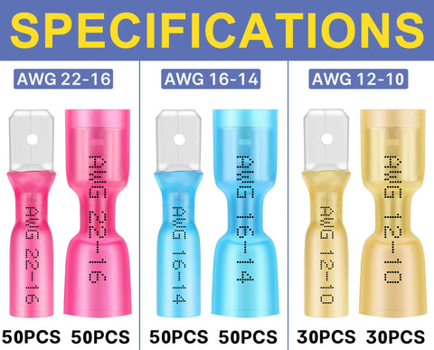 Haisstronica heat shrink spade connectors set: pink 22-16 AWG 50 pcs, blue 16-14 AWG 50 pcs, gold 12-10 AWG 30 pcs